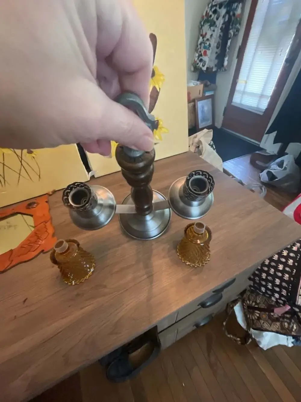 Vintage Wooden and Pewter Finish Metal Double Votive Candle Holder with Amber Di